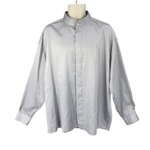 Vintage Dress Shirt Men Preppy Stripe Mandarin Collar Artsy Shine Size XL Gray